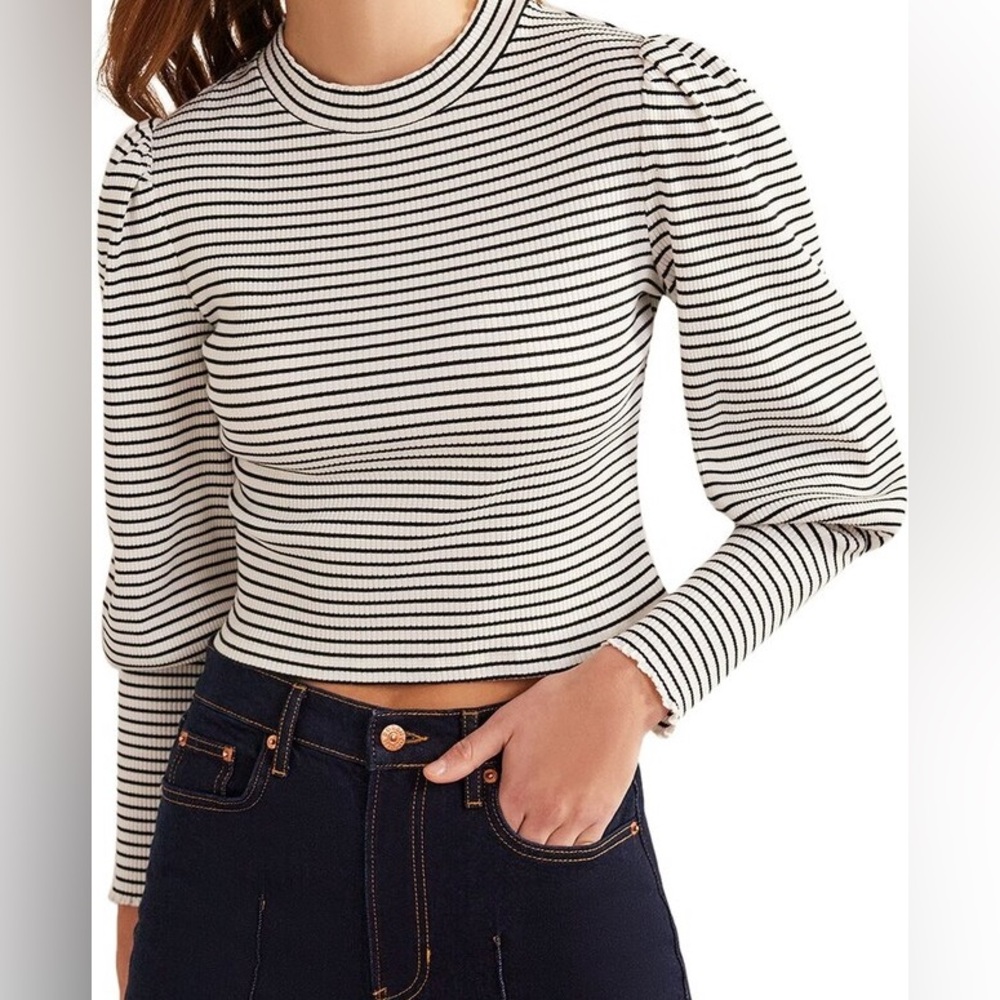 Boden Sleeve Detail Ribbed Top in Ivory/Black Stripe